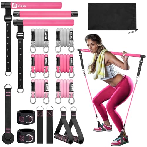 Pilates Bar Kit with Resistance Bands, Adjustable 3-Section Pilates Bar with Stackable Bands Workout Equipment for Legs,Hip,Waist and Arm Full Body Workouts Pilates (Pink(Adjustable,20/30/50lbs)
