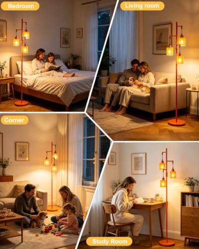 Image of Lightdot 67 inch 3-Light Glass Floor Lamp for Living Room, Dimmable with Orange Glass Shade & E12 Bulbs Included, Mid Century Standing Tall Lamp with 5Lbs Heavy Base for Bedroom /Sofa Beside /Corner
