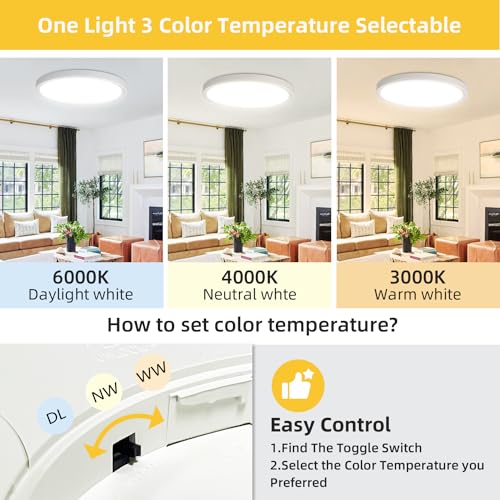 4PK 12 Inch 24W 3000K/4000K/6000K Selectable LED Ceiling Light, White Fit for Hallway, Kitchen, Bedroom, Laundry Room