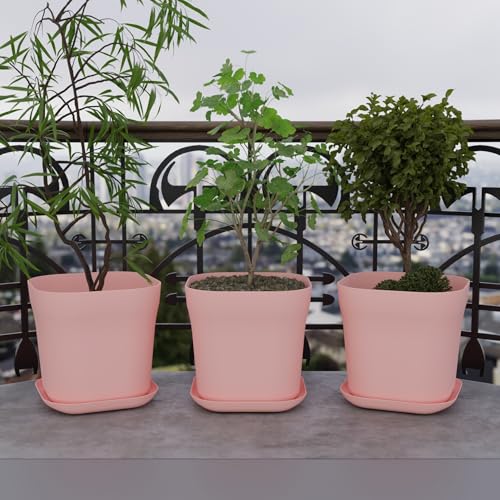 Image of StyleX Store Pack of 3 Square Plastic Flower Pot with Tray | Modern Indoor Outdoor Planter for Home Balcony Garden Office | Durable Lightweight Planter Pot | 6 Inch, Pink