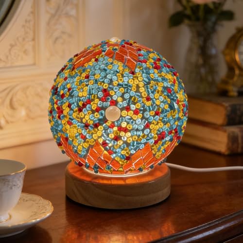 WRQIOO Moroccan Lamp Mosaic Lamp 12CM Mosaic Turkish Table Lamp Colorful Handmade Glass Light with Wood Base & 5V USB for Bedroom Ambient Living Room Decor(Orange)