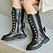 White Mid Combat Boots for Girls:Fashion Lace up Side Zipper Riding Booties Knee High Leather Winter Warm Party Dress Shoes（Size2.5,Black