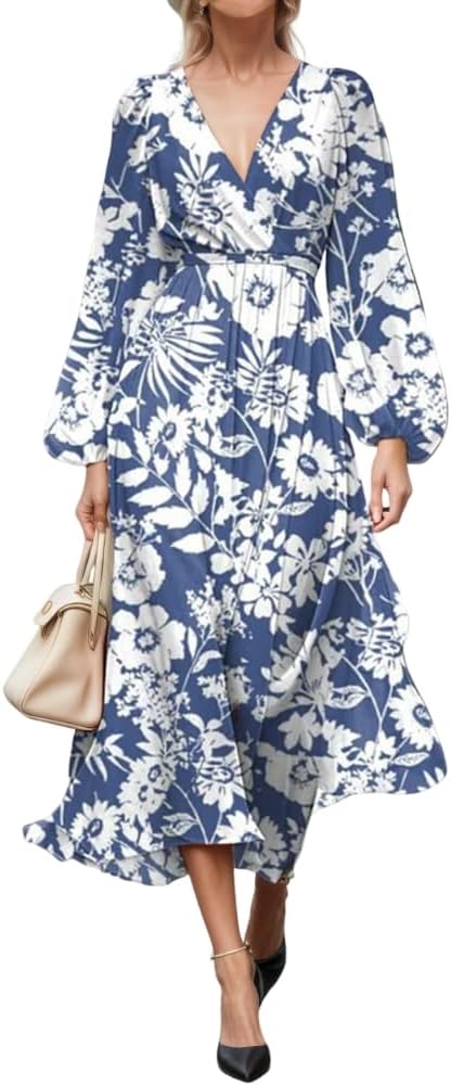Akivide Women's Fall Chiffon Floral Print Puff Long Sleeve Maxi Dress Empire Waist Dresses for Women 2025 Elegant Classy