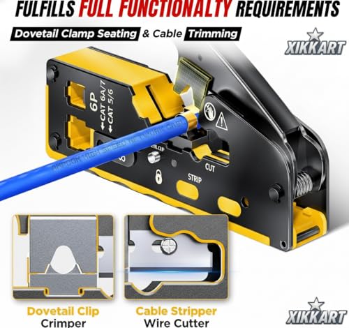 Image of XIKKART RJ45 Crimping Tool Kit with Cable Tester & 9V Battery | Pass Through Ethernet Crimper for Cat7 Cat6 Cat5e Cat5 | Network Cable Crimp Tool with 10 Cat6 Connectors & 10 Boots for LAN RJ45 RJ11