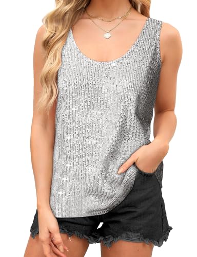 Sequin Tops for Women Sleeveless Scoop Neck Sparkle Shimmer Tanks Tops Sexy Party Base Tank Top Fashion Shimmer Cami
