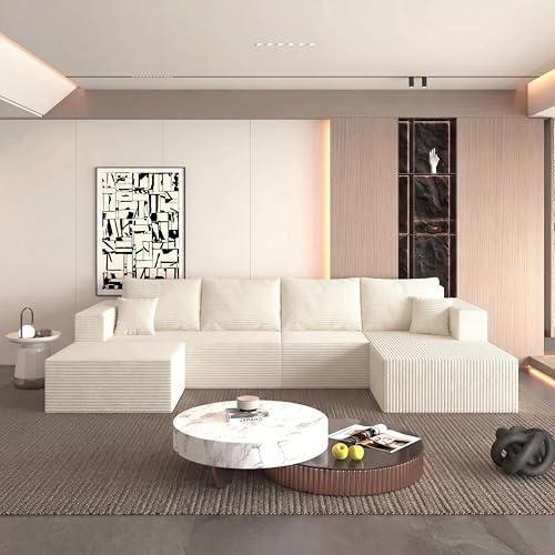 Image of 138 inch Modular Sectional Sofa, Modern U-Shaped Cloud Couch, Soft Corduroy Boneless Couch with 3060 High Rebound Memory Foam, Sectional Couches for Living Room - Beige (Right Facing Chaise)