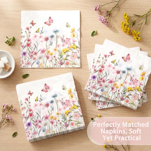 Image of Qinyoung 100 Wildflower Party Plates Napkins, Wildflowers Disposable