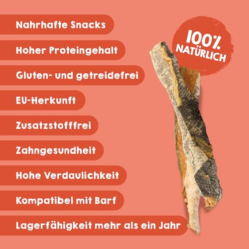 MAIKAI Packung 8 Geräucherte für Hunde Lachshautrollen - Getreidefrei Proteinreich Natürliche Hundeleckerli Kauknochen Alternative Trockenfisch Omega 3 Zahnpflege