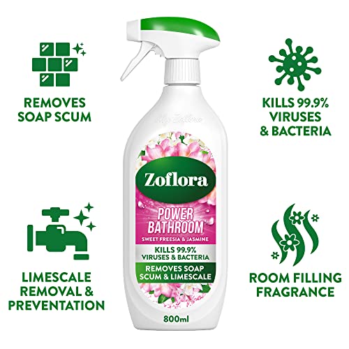 Zoflora Sweet Freesia & Jasmine Power Bathroom 800 ml, Limescale prevention and removal. Soapscum Remover, Disinfectant Cleaner Spray, Antibacterial Surface Cleaner, Bathroom Cleaner Spray - Image 3