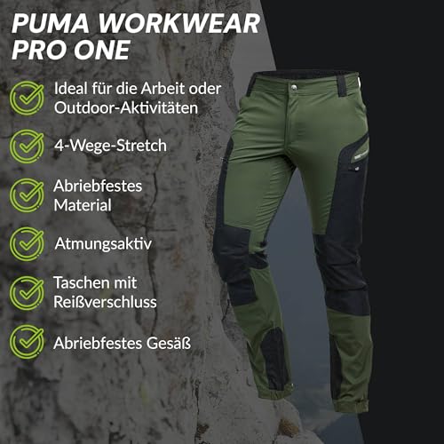 PUMA Workwear Pro-One Wanderhose Herren - Robuste Outdoor Hosen für Herren - Mit verstärktem Nylon für Langlebigkeit - Trekkinghose mit 4-Wege-Stretch - Verstellbarer Knopfleiste - M - Oliv