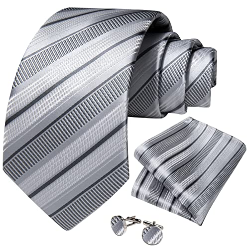 Image of DiBanGu Striped Tie Set for Men Silk Woven Plaid Necktie and Pocket Square Cufflinks Business Wedding