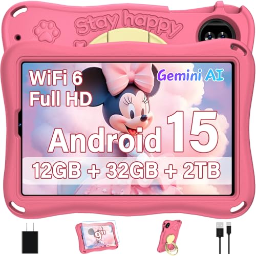 Kids Tablet, Android 15 Tablets for Kids with Octa-Core, 9 inch Toddler Tablet with 12GB 32GB 2TB Expand, 1340*800 IPS Display, Drop-proof EVA Case, Parental Control, Dual Camera, WiFi 6 - Pink