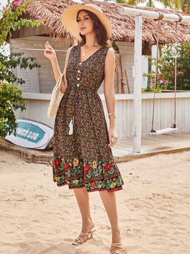 Image of BROVAVE Women Summer Bohemian Floral Print V Neck Sleeveless Sundress Flowy Casual Midi Dress