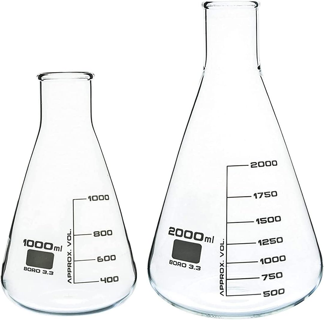 Borosilicate 3.3 Glass Conical Flask 1000 ml, 2000 ml with Graduation Marks, Set of 2 Conical Flask