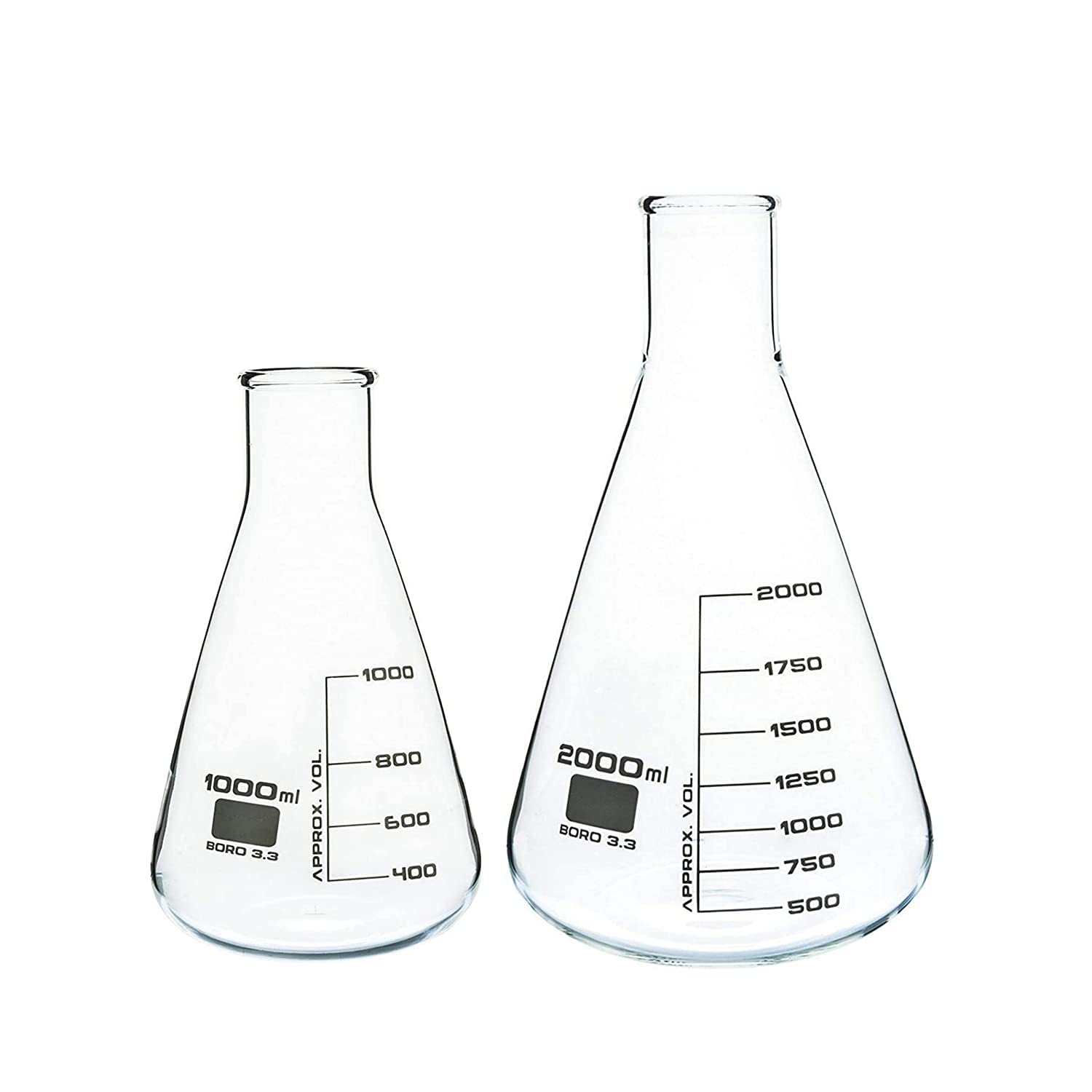 Borosilicate 3.3 Glass Conical Flask 1000 ml, 2000 ml with Graduation Marks, Set of 2 Conical Flask