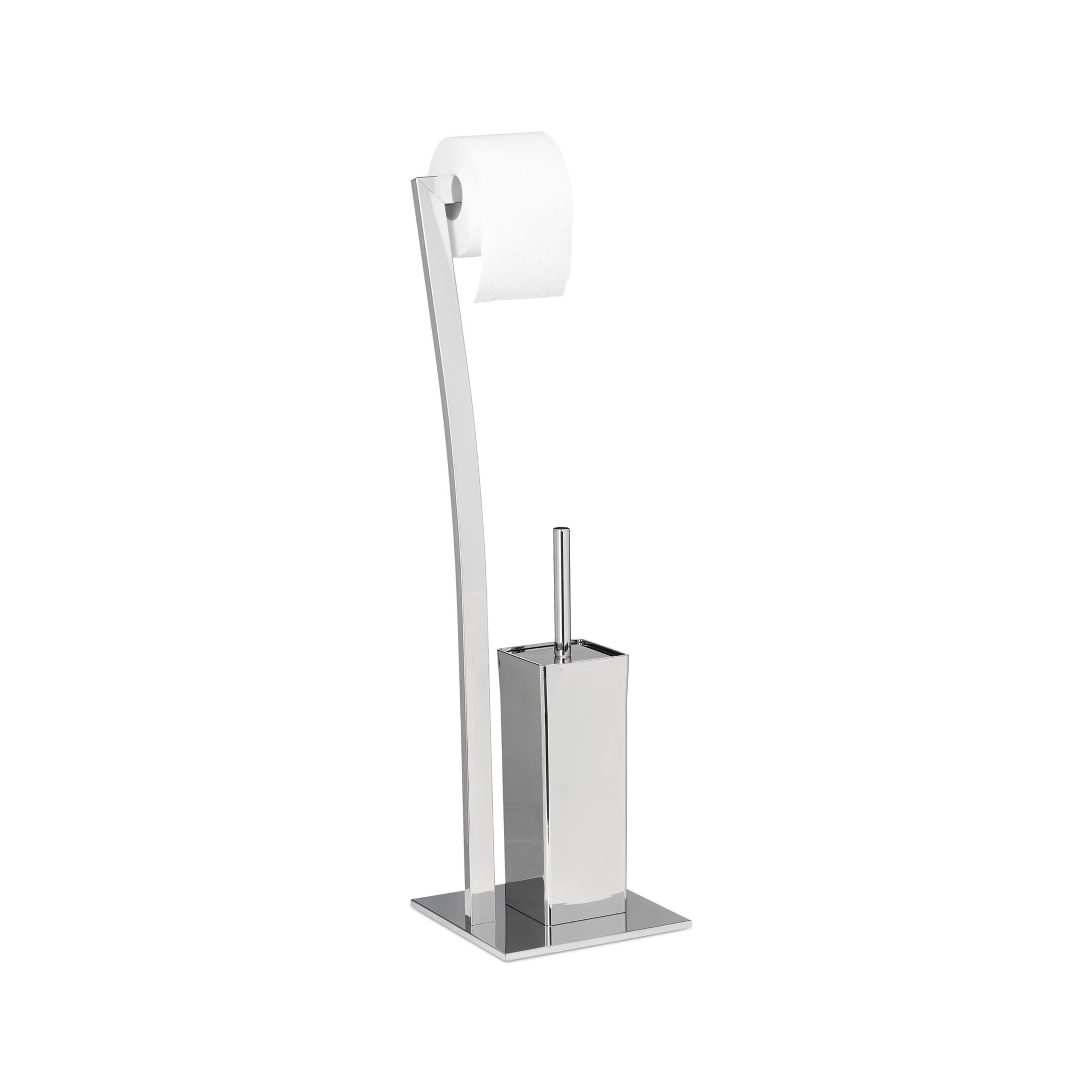 Relaxdays Set da Accessori per WC, Porta Scopino in Acciaio Inox, Piantana Portarotolo HLP 71 x 20 x 20 cm, Argentato