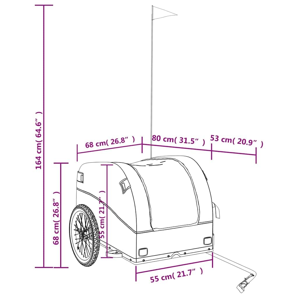 Przyczepa rowerowa, czarna, zielona, z żelaza, nośność 45 kg, 133 x 68 x 68 cm, z dyszlem, sprzęgłem, flagą bezpieczeństwa, idealna do transportu, bagażu, zakupów, na kemping, wycieczkę