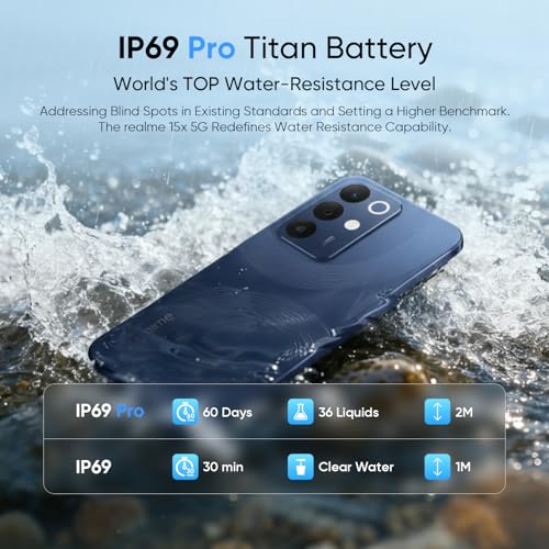 Image of realme 15X 5G Smartphone 8GB RAM 128GB ROM, 6.8 inch 144Hz Display, 7000 0mAh Battery, 60W Fast Charging IP69 Pro Waterproof Dimensity 6300 6nm Octa-core chipset Processor (Marine Blue)