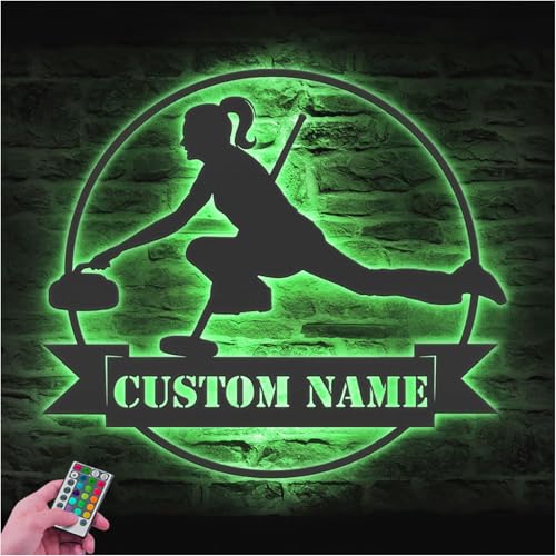 COOL MATE Custom Name Metal Sign, Custom Female Curling Metal Wall Art LED Light Personalized Player Name Sign Home Decor Curling Sport Kid Nursery Decoration Birthday Gift