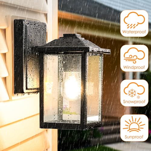 Image of MATAMEYE Outdoor Wall Light Fixture, Exterior Waterproof Porch Lighting | Large Black Patio Wall Lantern, Anti-Rust, Clear Glass, E26 Socket, Wall Mount Sconce Lighting, Outside Front Door Light
