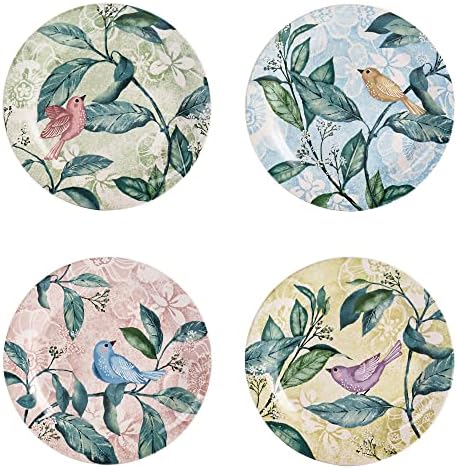 Bico Greenary Happy Birds Ceramic Salad Plates, 8.75 inch, Set of 4, for Salad, Appetizer, Microwave & Dishwasher Safe