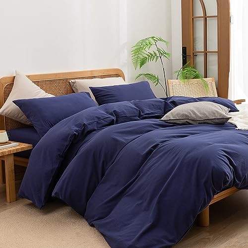 Image of BESTOUCH Cotton Solid Duvet Cover Set Linen Feel Navy Blue Twin | Washed Cotton, Linen Feel, Soft Wrinkle Texture, Hidden Zipper, 8 Ties, Breathable Lightweight Durable Comfy, 2Pcs No Insert