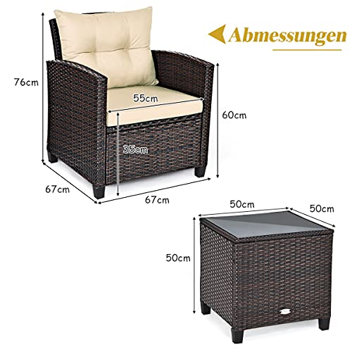 COSTWAY 3-TLG. Polyrattan Lounge Set, Gartenmöbel Rattan Sitzgruppe mit Sitzkissen & Couchtisch, Rattantisch und Stühle… – Bild 7