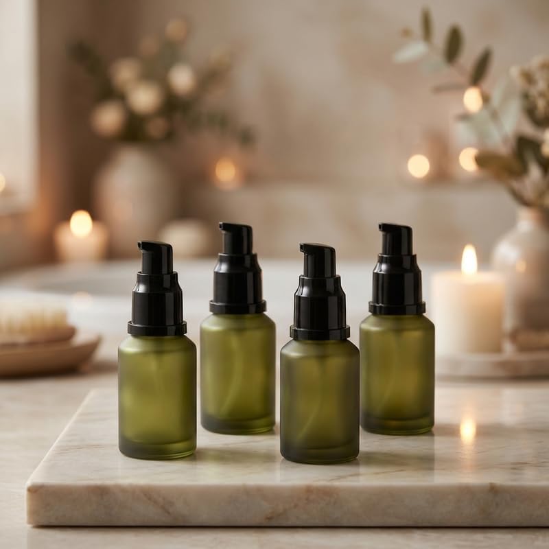 Conjunto com 4 frascos de vidro Generic de 30 mL com bombas e sprays, verde oliva fosco