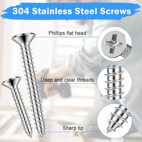 Kit surtido de 220 tornillos para madera, acero inoxidable 304, cabeza plana con sistema de ajuste Phillips, 7 tamaños (2", 1-1/2", 1-1/4", 1", 3/4", 5/8", 1/2") miniatura 3