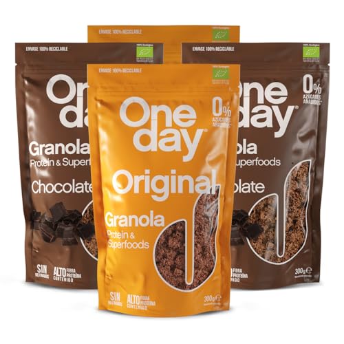 ONE DAY Granola Ecologica, Sin Azucares Añadidos, Alto en Proteína con Superfoods, Altro en Fibra, Pack 4 Variado x 300g (Pack Original x2 + Chocolate x2)