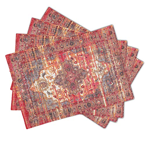 Image of Rust Red Ethnic Boho Placemats Set of 4 Bohemian Carpet Vintage Linen Washable Kitchen Dining Southwestern Table Mats Stain Heat-Resistant Desktop Decor Place Mats for Home Party Indoor 12x18 in