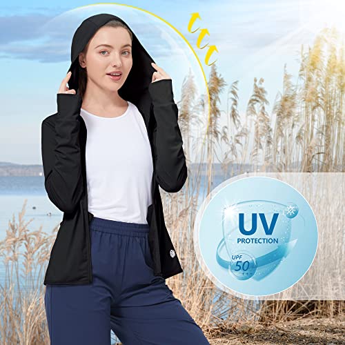 Camelsports Women Upf 50+ Athletic Jacket Sun Protection Full Zip Long Sleeve Hiking Shirts Lightweight Outdoor Hoodie With Pocket Black #TOP2