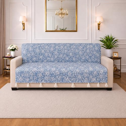 Image of STITCHNEST 'Verdant Phool Stories' 3 Seater Sofa Cover - Full Coverage| Elegant Jacquard Fabric, Decorative Tassels, Washable & Durable for Modern Living