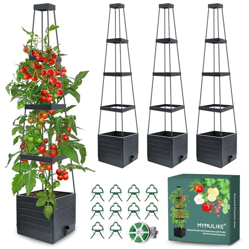 MYMULIKE Raised Garden Bed 4 Packs, Planter Boxes with Trellis 58.3'' Tomato Planters for Climbing Vine Vegetables Flowers Plants Self Watering Tomatoes Cage for Outdoor Patio Greenhouse