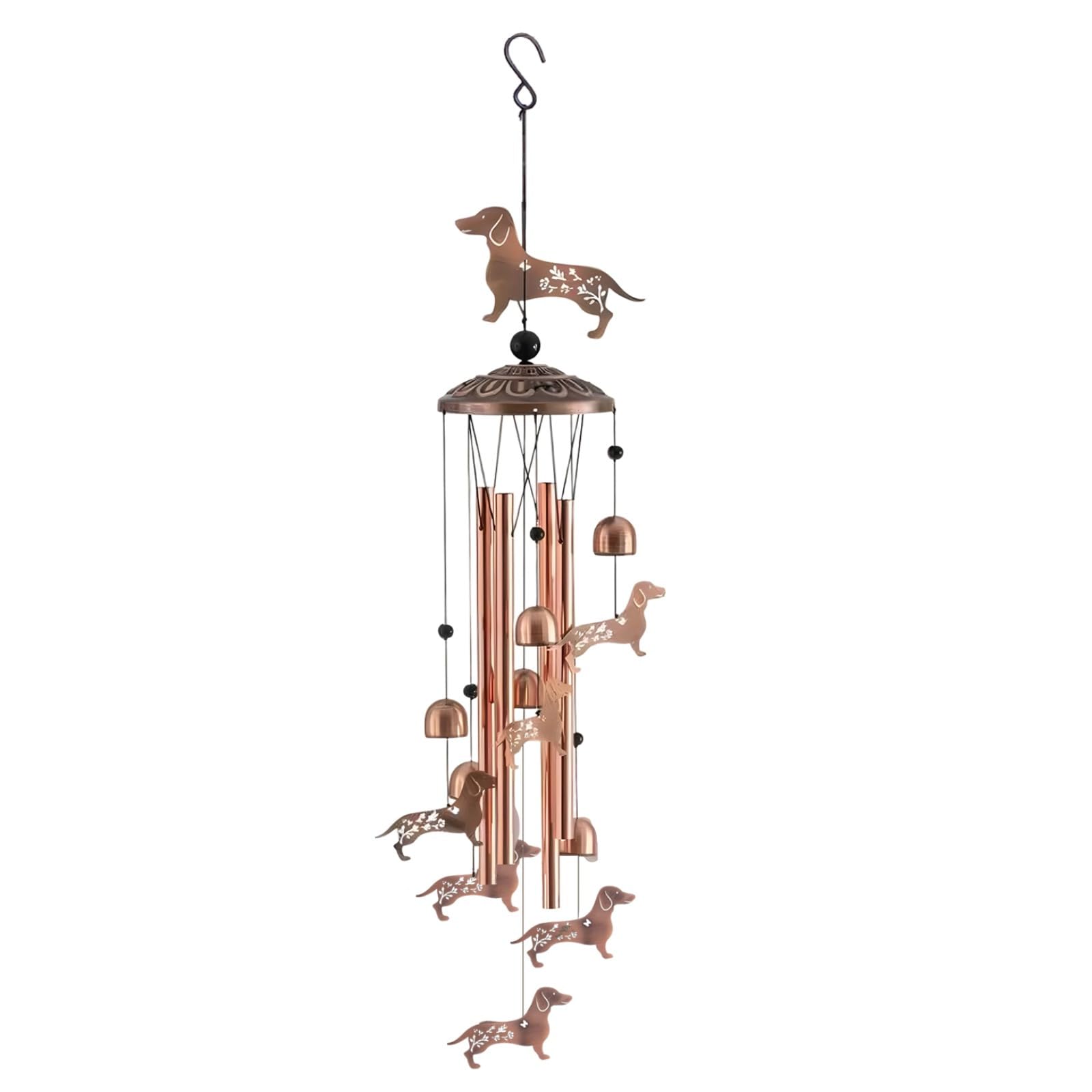 Carillon éolien Teckel avec finition laiton rétro, motif six chiots 96cm