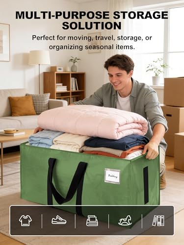 Image of HOMESURE Supports 200lbs Heavy Duty Moving Bags - Strong Zipper & Wrap-Around Handles - Water-Resistant Storage Totes, Durable Alternative to Moving Boxes - 4 Pack - Light OliveGreen