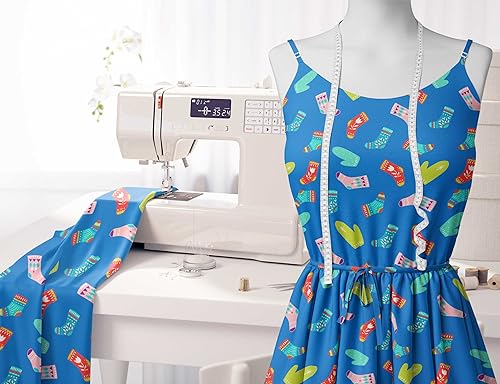 Image of Soimoi Blue Poly Georgette Fabric Socks & Gloves Folk Art Printed Craft Fabric by the Meter 52 Inch Wide