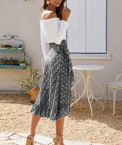 Women's High Waist Floral Printed A-Line Wrap Skirts with Belt,Elegant Lined Slit Ruffle Hem Midi Skirt for Women4