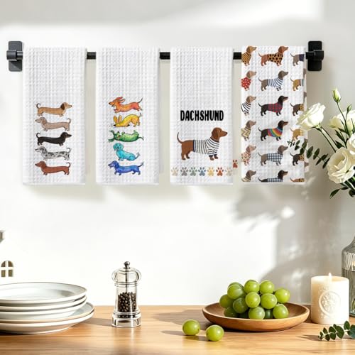 Image of Hanamiya Na 4 Pcs Cute Dachshund Kitchen Towels 24x14 Inch, Dachshund Gifts Reusable Dish Towels for Kitchen Bathroom Decor, Waffle Weave Absorbent Tea Towel, Weiner Dog Gifts for Women Mom Friend