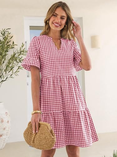 Image of Caracilia Dresses for Women Summer 2026 Striped V Neck Ruffle Sleeve A Line Tiered Flowy Casual Mini Beach Dress with Pockets