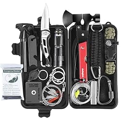 Kit de Supervivencia, Kit Supervivencia Auxilios P...: 【Kit de Supervivencia】 Kits 30 en 1 incluye cuchillo plegable, Herramienta multiusos, linterna, brazalete de supervivencia, encendedor de fuego, sierra de alambre de acero, espejo reflector, mosquetones, silbato de supervivencia, llavero LED, Herrami...