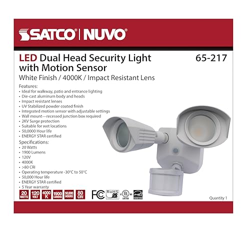 Image of Nuvo 65 /217, LED Dual-Head Security Light, Motion Sensor, White, 4000K | 4000K daylight, ENERGY STAR certified, 180 motion detection, Dusk-to-dawn mode, Wall mounted