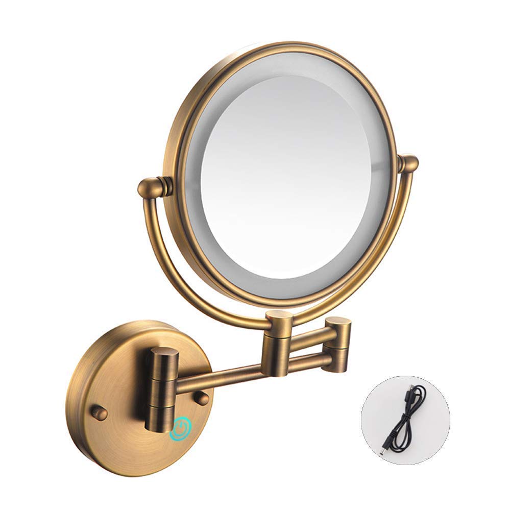Espejo de maquillaje con aumento de doble cara de 8 pulgadas con aumento de 10X Espejo de tocador para baño para el hogar con iluminación LED (color: cobre antiguo, tamaño: 7X) (cobre antiguo 10X)