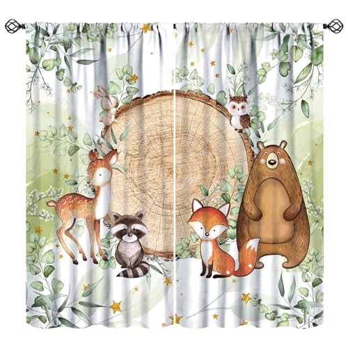 Image of JanJCurt Rustic Woodland Curtains, Cute Forest Animals Drapes Country Lodge Cabin Wild Animal Bear Deer Fox Window Treatments for Kids Bedroom Living Room, 42x45in (No Blackout)