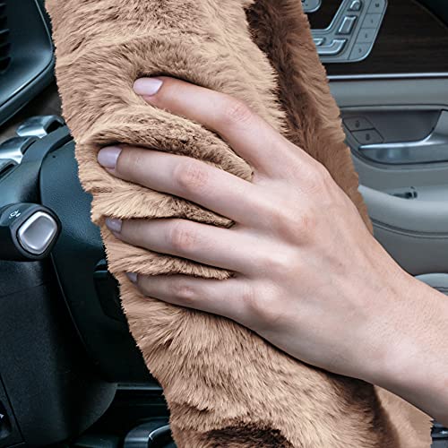 Image of FH Group Universal Fit Doe16 Faux Rabbit Fur Cozy Steering Wheel Cover fits Most Cars, SUVs, Trucks, and Vans, Ultimate Protection Beige