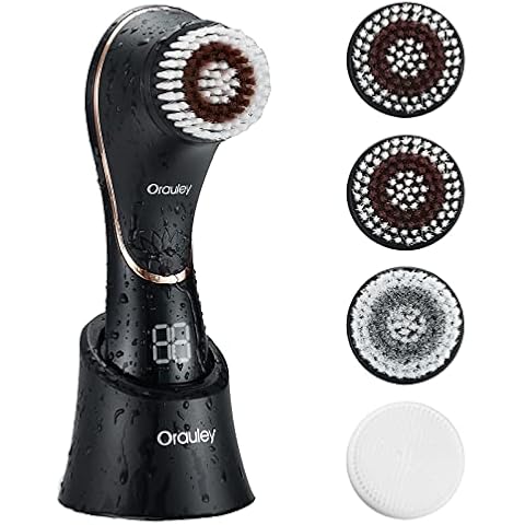 Facial Cleansing Brush, Electric Face Scrubber Rechargeable Exfoliator IPX-7 Waterproof Rotating Cleanser for Exfoliating, Massaging and Deep Cleansing for Women & Men with 4 Brush Heads Black Cover