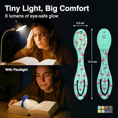 Image of Gifts for Readers & Writers Book Light, Clip On Reading Light for Bed, 2in1 Flexilight & Bookmark, Small & Lightweight with a Soft Glow, 2 Batteries Included, Flamingo