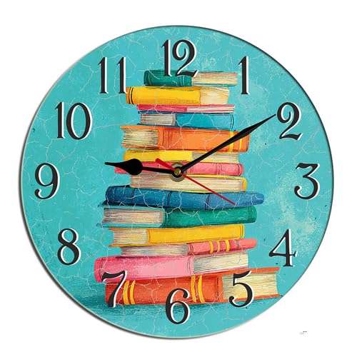Book Wall Clock Library Reading Room Spring Wooden Decorative For Bathroom Silent Non Ticking Decorative Clock Battery Operated Home Office Living Room Decor Round 12"