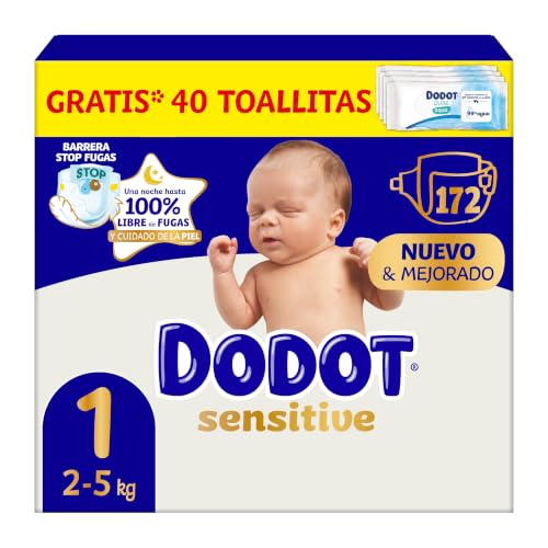Dodot Pañales Bebé Sensitive Talla 1 (2-5 kg), 172 Pañales + 1 Pack de 40 Toallitas Gratis de Aqua Plastic Free, Nº1 en Protección de la Piel de Dodot, Pack Mensual