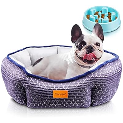 morpilot Pet Bed for Cats and Small Medium Dogs, Comfortable Puppy Dog Bed with Round Detachable Soft Cushion for Two Sides Use and Machine Washable, Gift Slow Eating Bowl